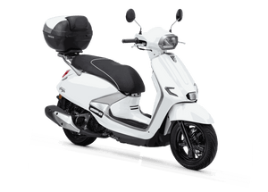 SYM Fugue 125 retro studio blanco frontal, concesionario oficial en Tarragona y Reus